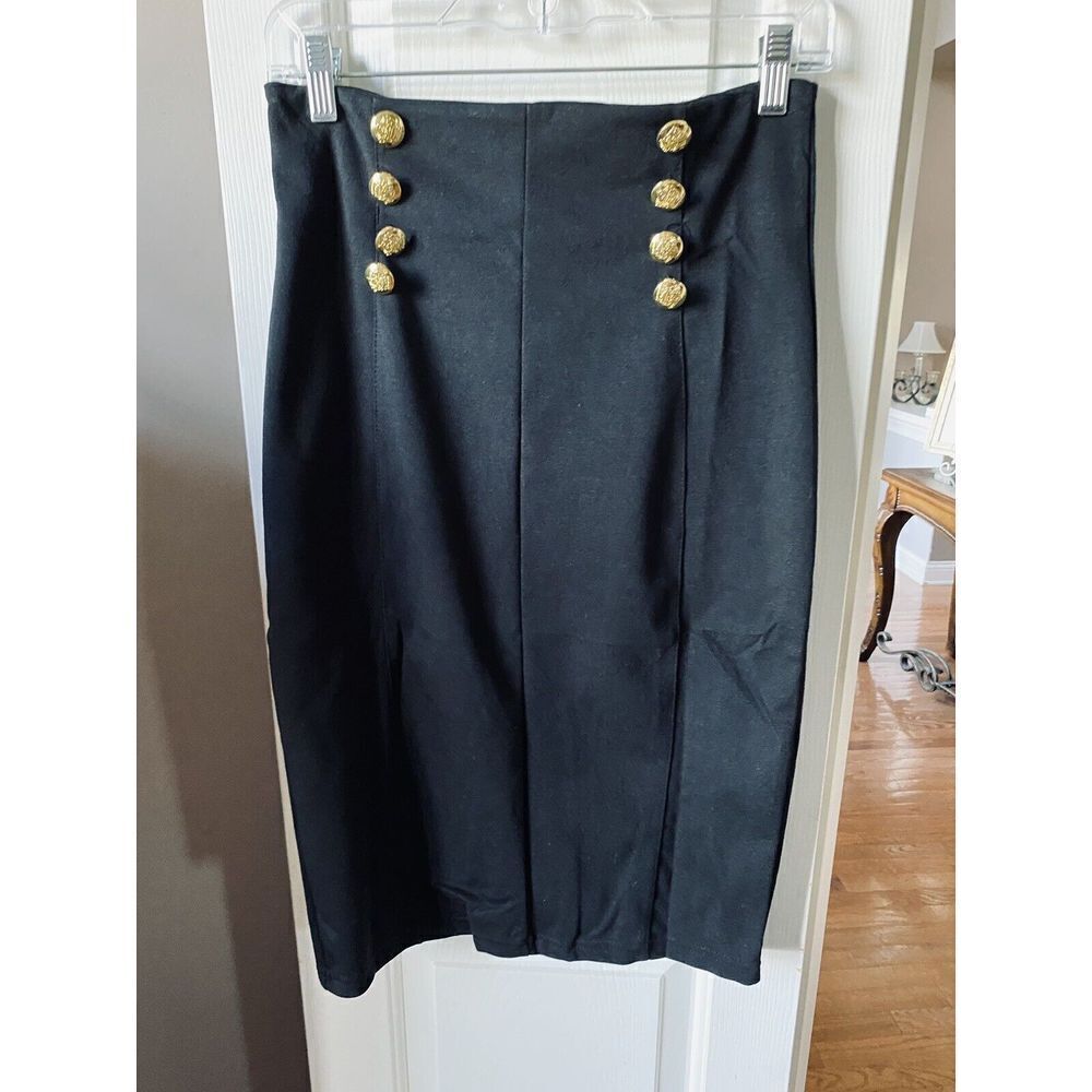 Connection 18 Black Pencil Skirt Size Large NWT‎ Gold Buttons  (AA001)